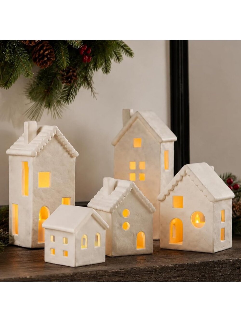 Charming 5-Piece Terracotta Christmas Village Set with White House Candle Holder